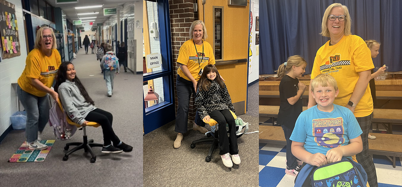 Images of Principal pushing student around in chair