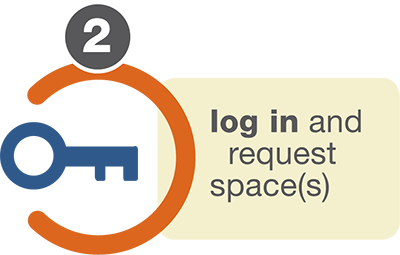 text reading: "log in and request space(s)"