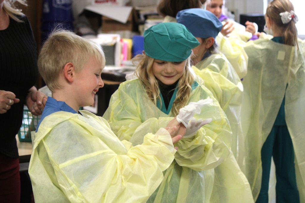 Male and female elementary students helping each other put on hospital gloves