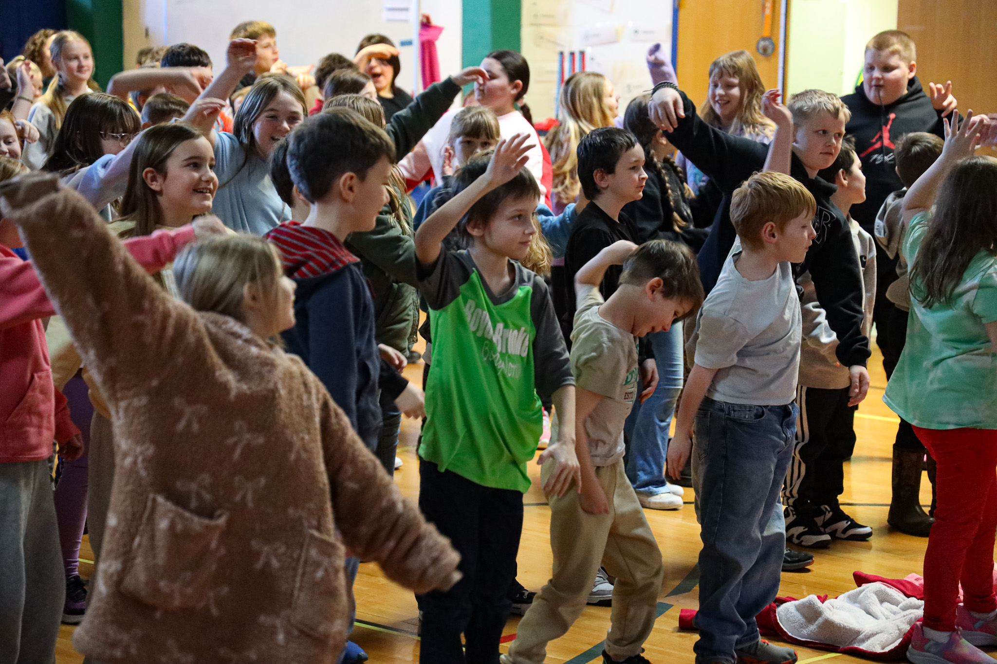 Large group of elementary students participating in physical activity