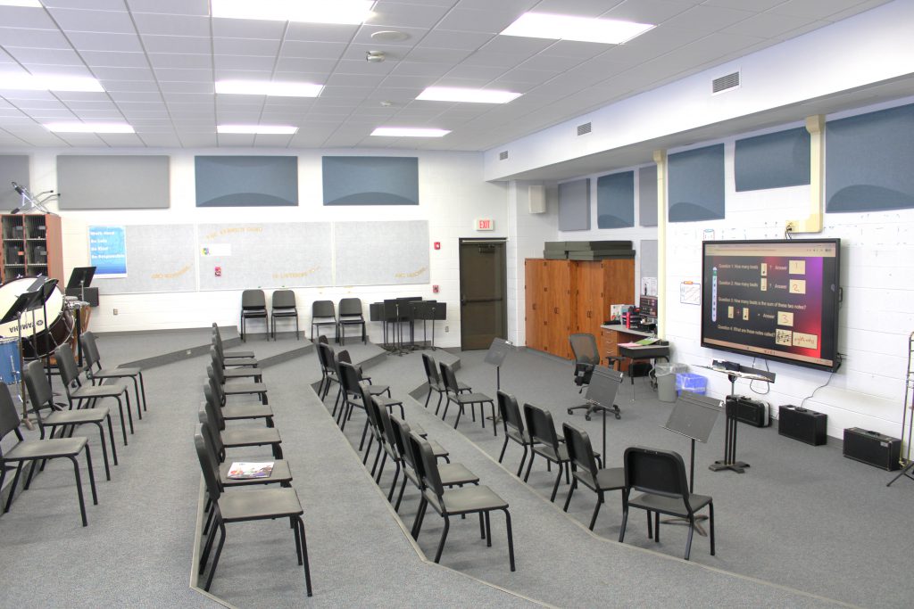 Large room with several rows of chairs facing a projector screen