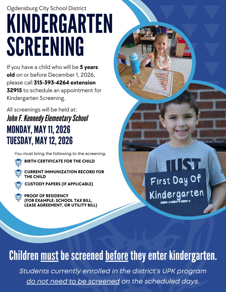 A young female and male student smiling with kindergarten screening information